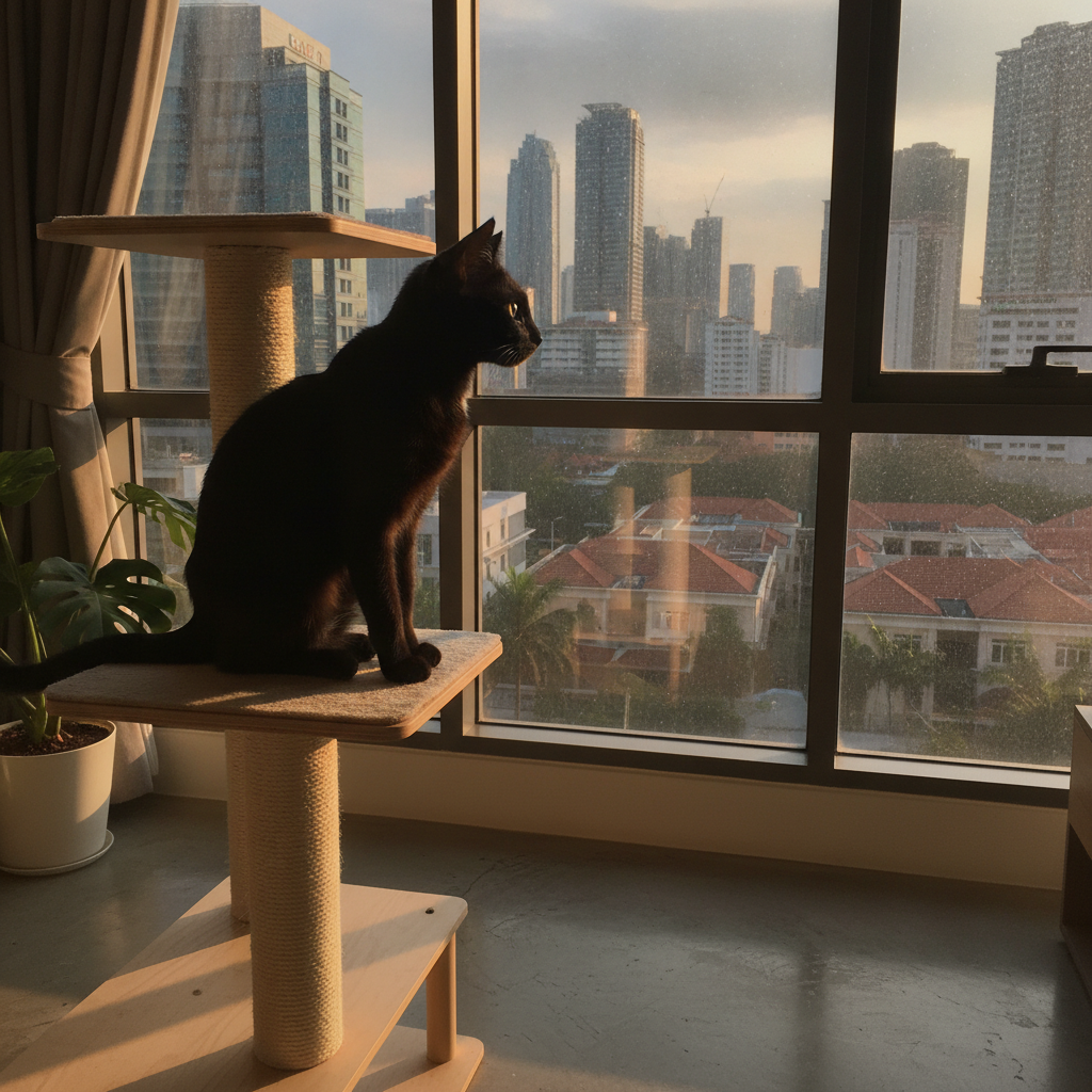 Seekor kucing remaja bertengger di pokok kucing memandang keluar tingkap