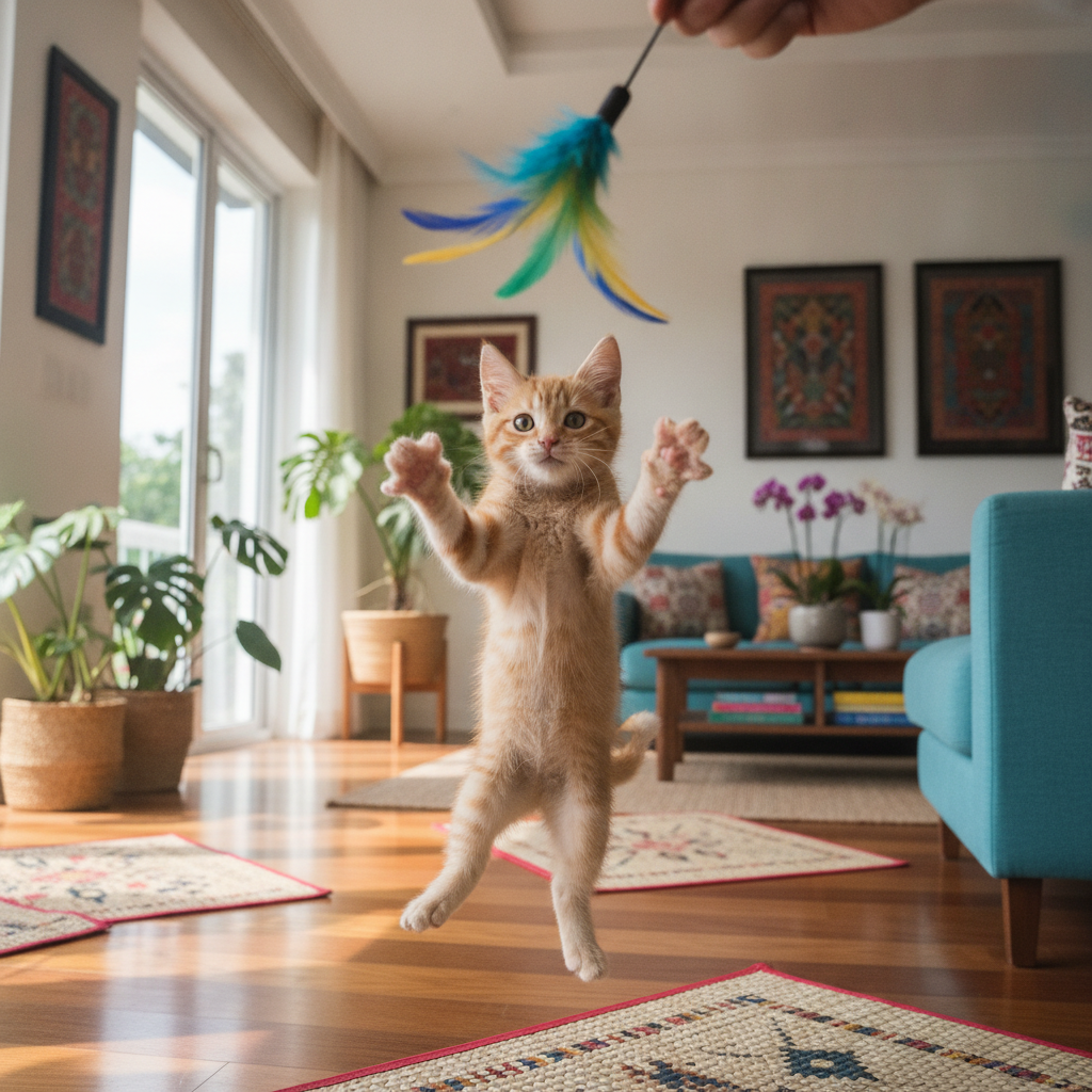Seekor anak kucing yang aktif sedang melompat ke arah mainan tongkat bulu