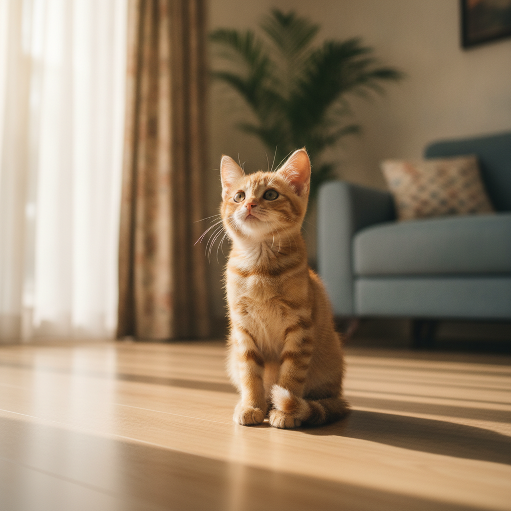 Seekor anak kucing sihat berusia tiga bulan duduk dengan waspada di rumah yang terang