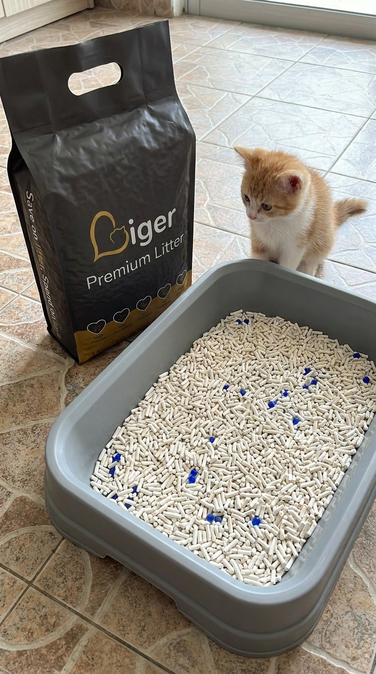 Liger tofu cat litter pouch beside a litter box with a kitten nearby