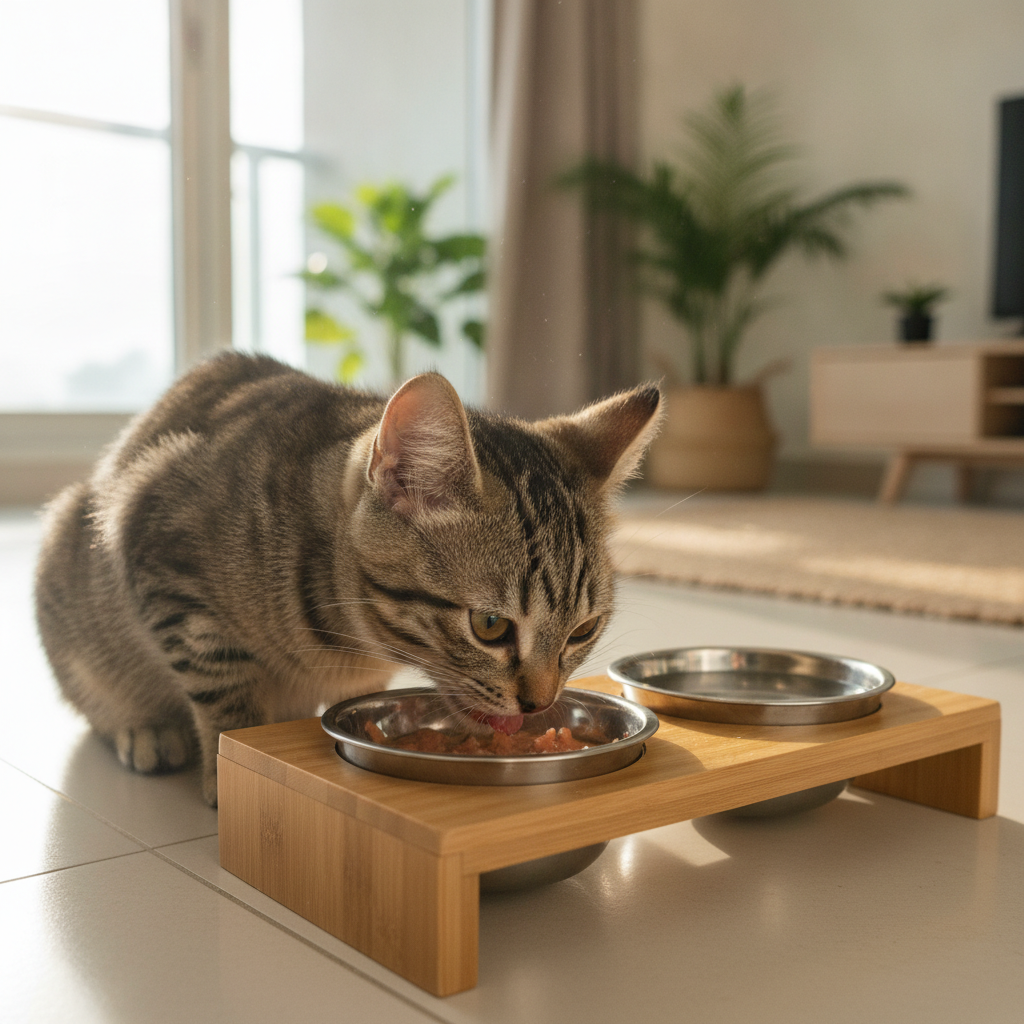 Seekor anak kucing sihat berusia empat bulan sedang makan di stesen pemakanan yang bersih dengan mangkuk air di sebelahnya