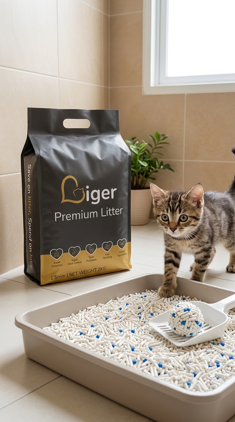 Bungkusan Liger tofu cat litter di sebelah tray kotak pasir bersisi rendah dengan seekor anak kucing ingin tahu menghampiri