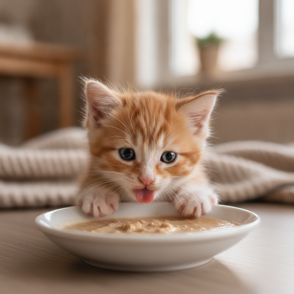 Seekor anak kucing berusia lima minggu menghirup bubur makanan lembut dari piring cetek semasa penyusuan