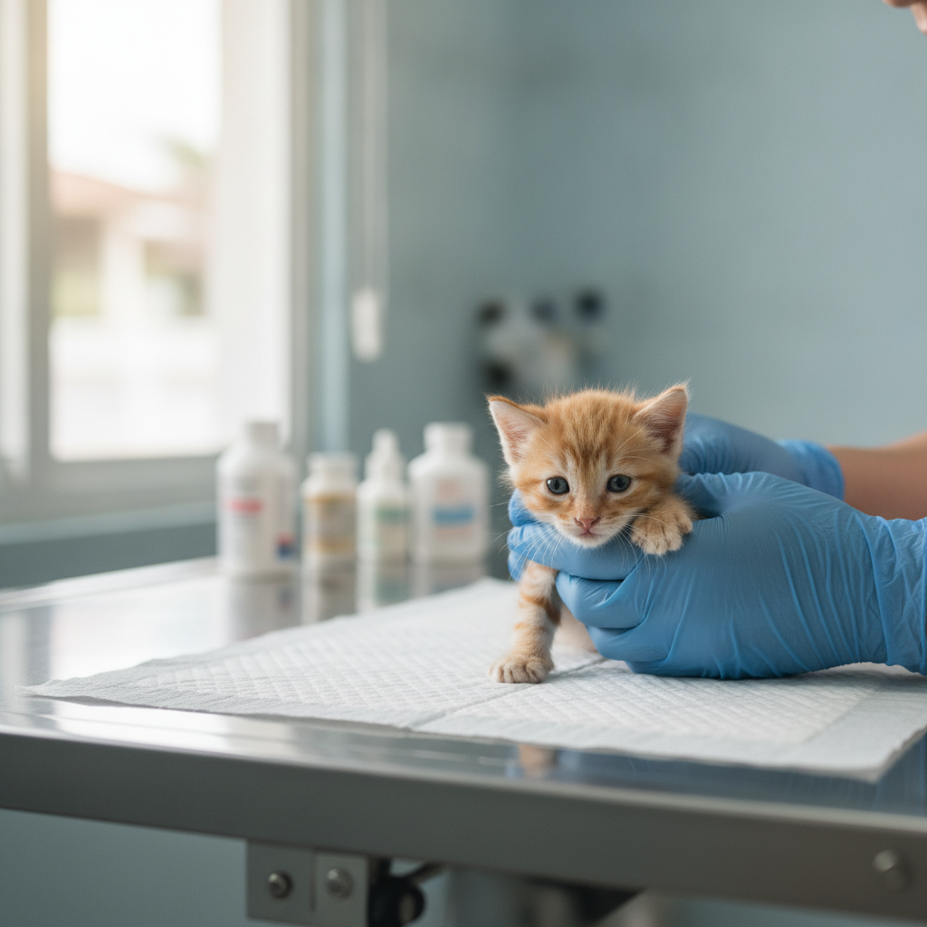 Anak kucing muda pada lawatan vet pertamanya semasa bulan 0 hingga 3