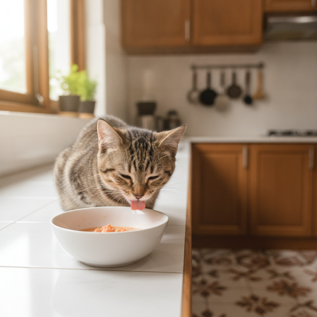 Anak kucing yang sedang membesar makan, menggambarkan peralihan kepada makanan dewasa sekitar 12 bulan