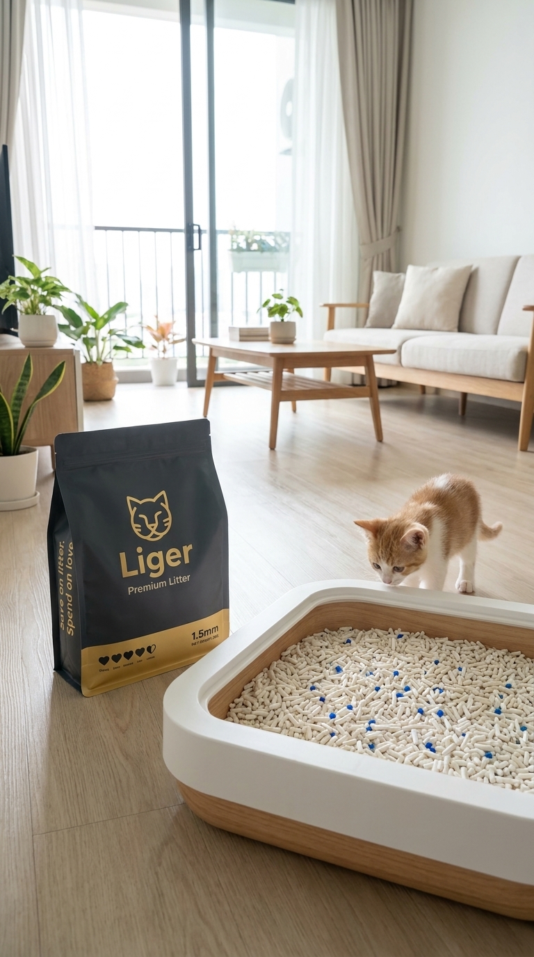 Pek pasir kucing tofu Liger di sebelah kotak pasir untuk latihan kotak pasir anak kucing