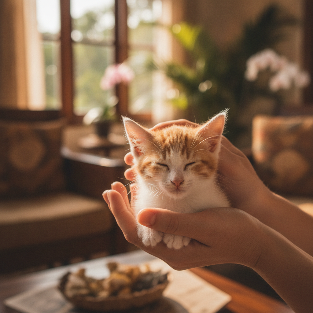 Seseorang sedang mendukung dan membelai seekor anak kucing muda yang tenang dengan lembut