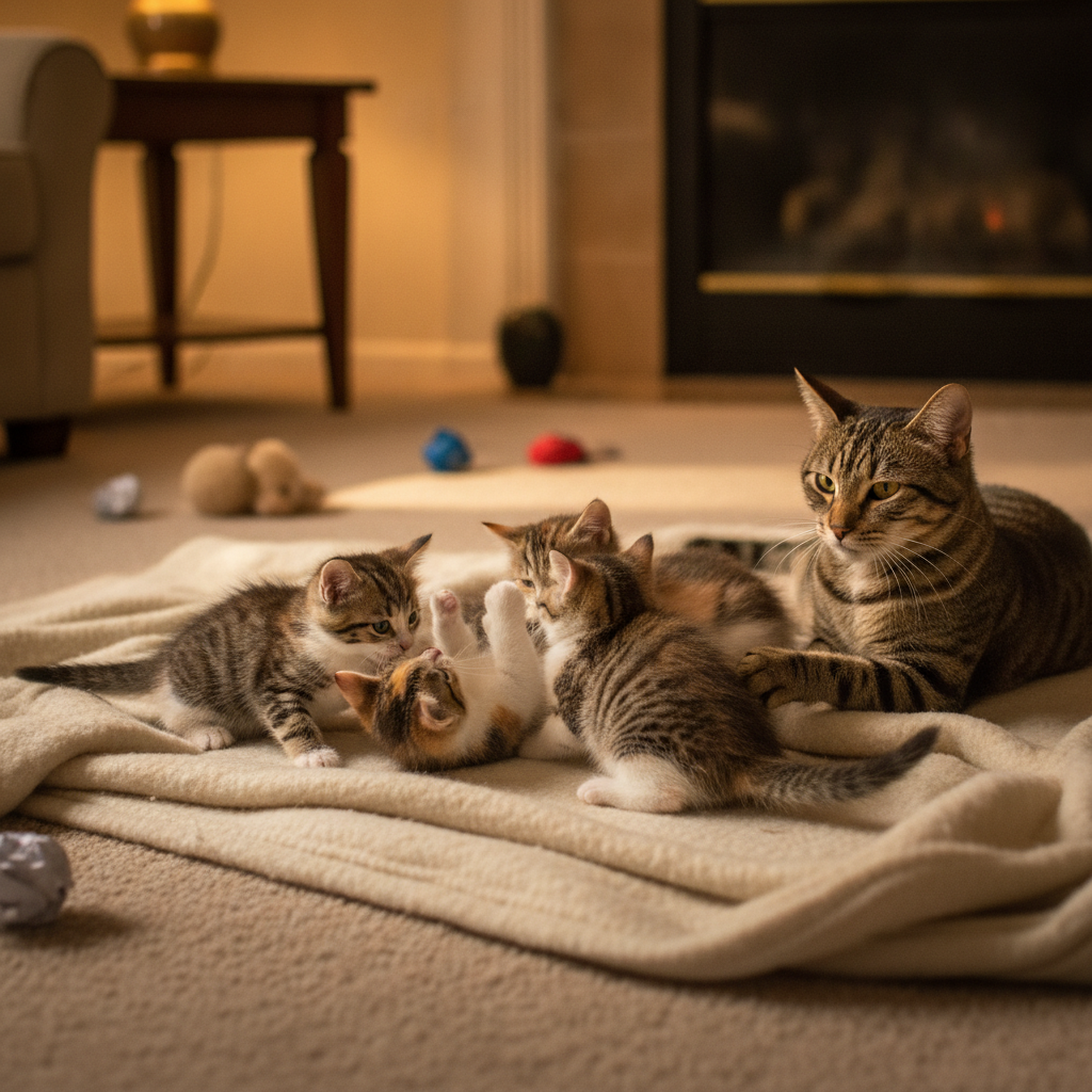 Sekumpulan anak kucing bermain bersama berhampiran ibu mereka