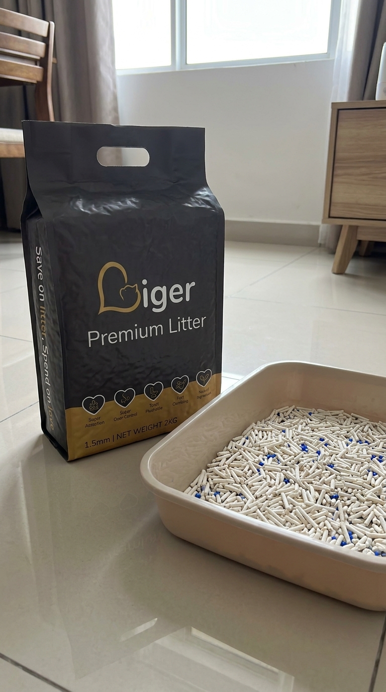 Beg Liger Premium Tofu Cat Litter di sebelah kotak pasir anak kucing bersisi rendah