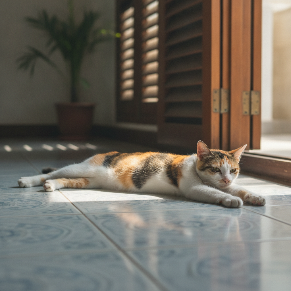 A kucing kampung cat keeping cool on a tiled floor, well-adapted to Malaysia's heat