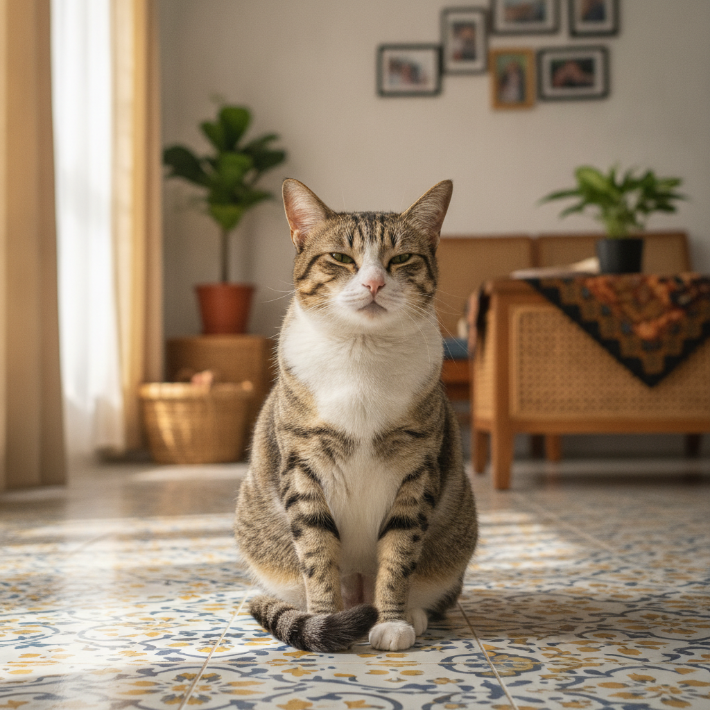 A healthy local kucing kampung cat sitting contentedly in a Malaysian home