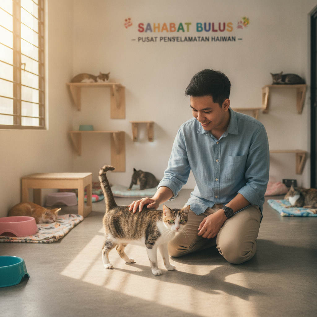 A prospective owner meeting a kucing kampung cat at a Malaysian shelter during adoption