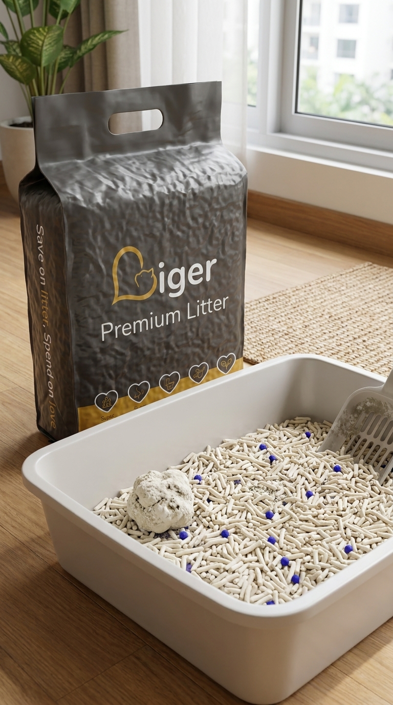 Liger tofu cat litter beside a clean litter box, a simple setup for a newly adopted kucing kampung