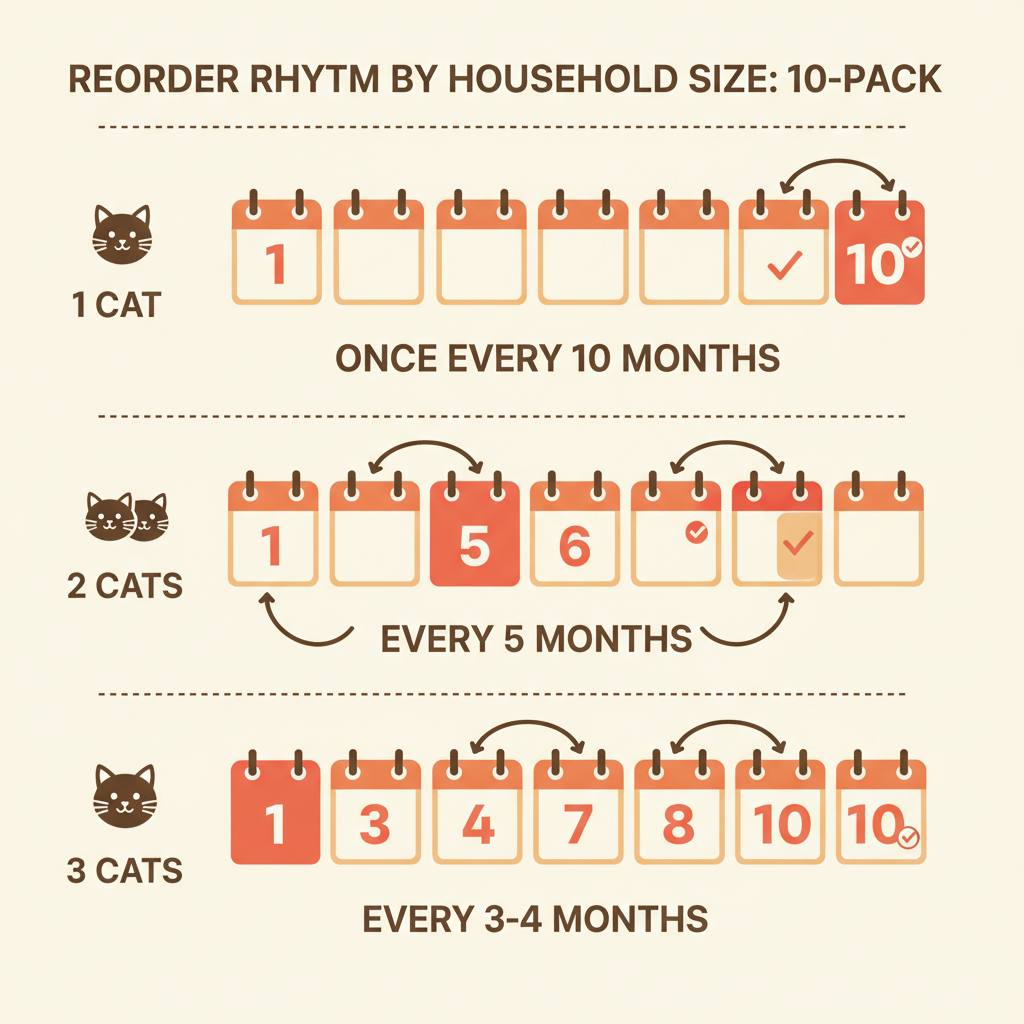 Calendar infographic showing reorder frequency for 1, 2 and 3 cat households using 10-pack