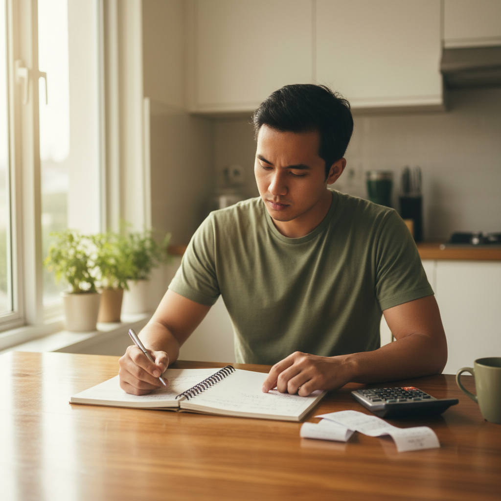 Malaysian person doing monthly household budgeting at a kitchen table