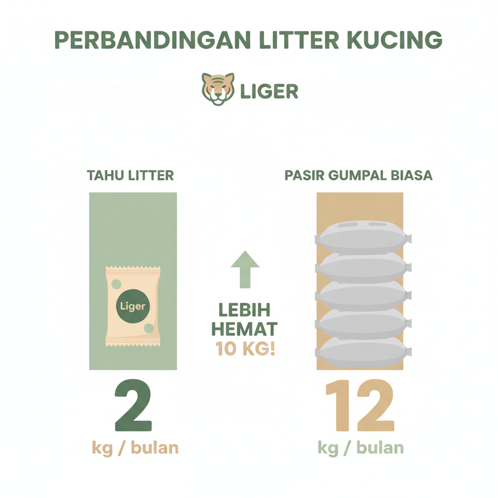Infographic comparing 2 kg monthly tofu litter use vs 12 kg clay litter