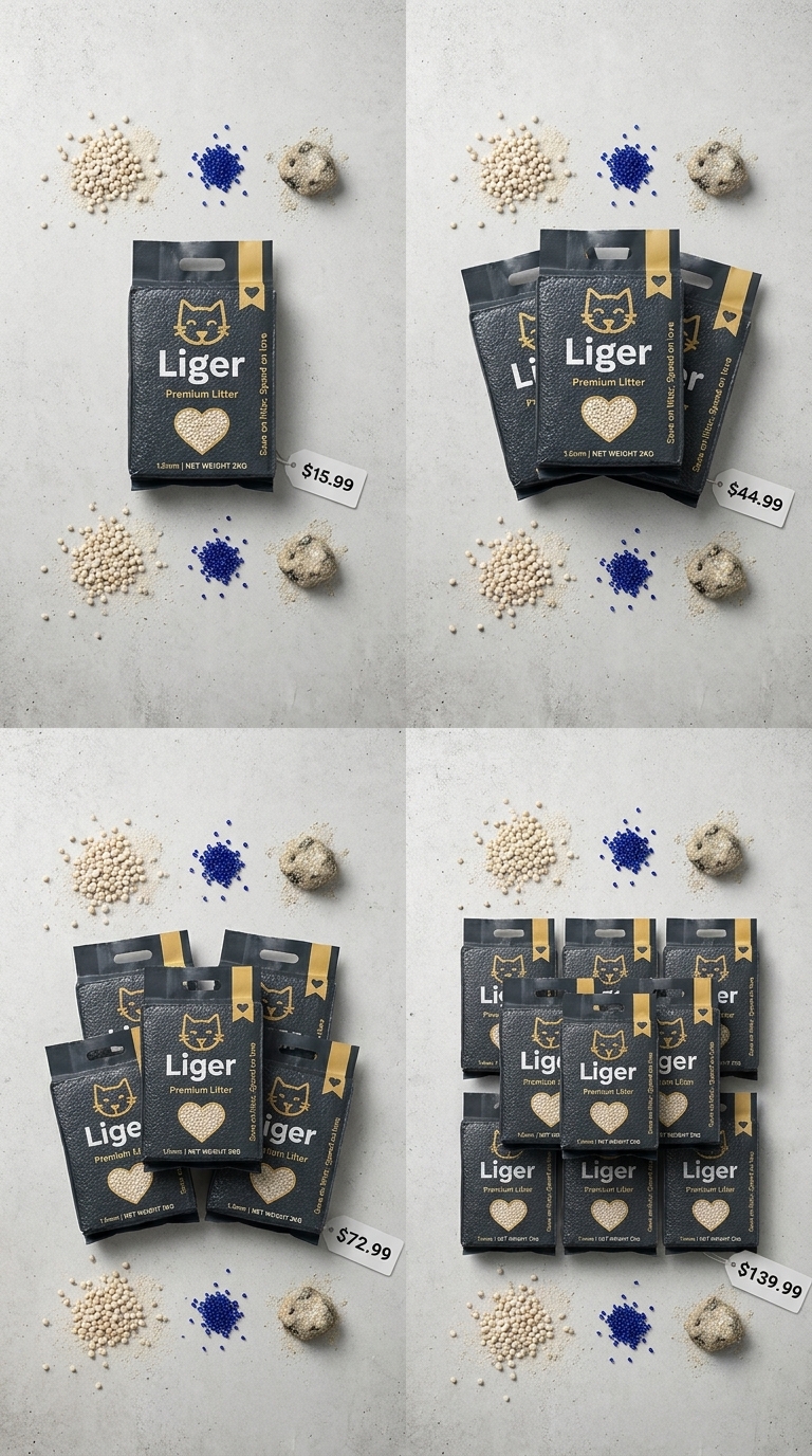 Flat lay top-down view of Liger pack quantities 1, 3, 5 and 10 with price tags