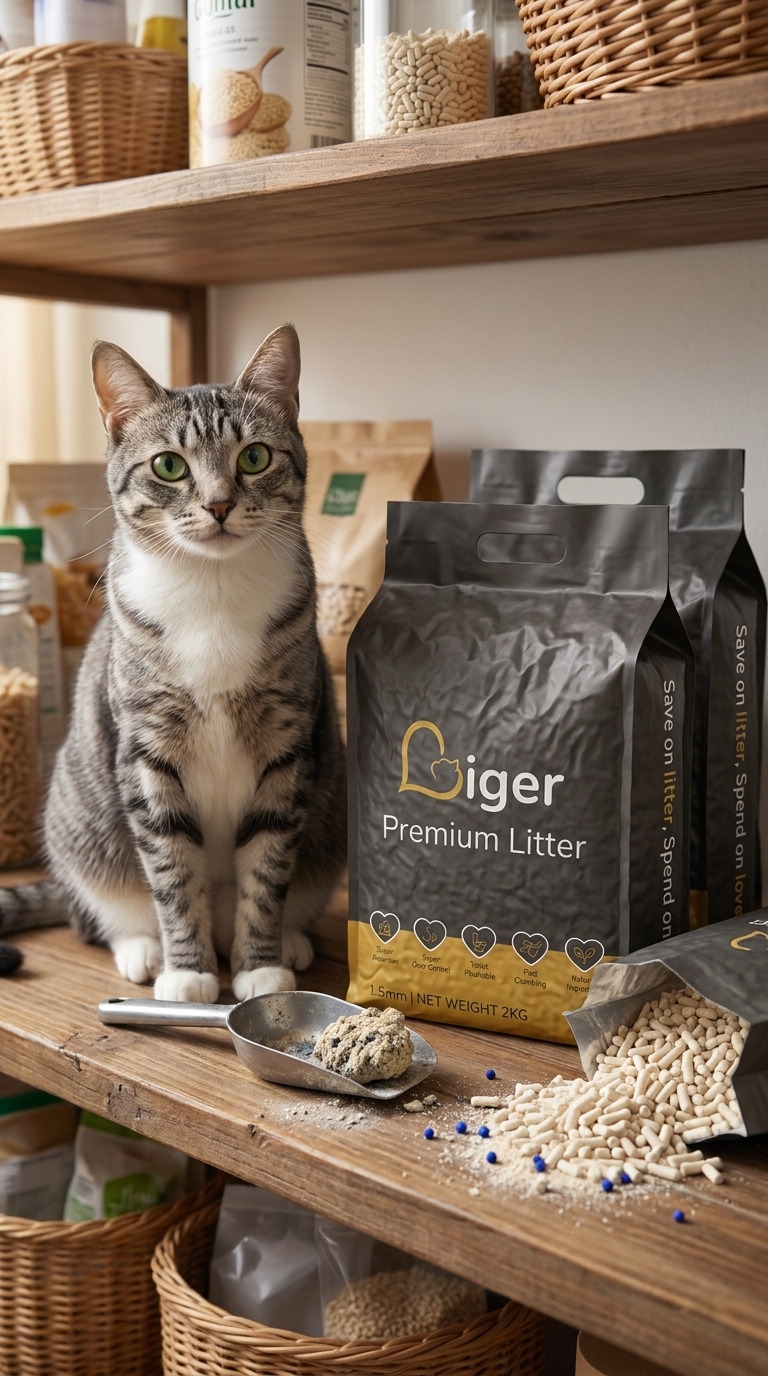 Lion the cat sitting near three Liger packs neatly stored on a home pantry shelf