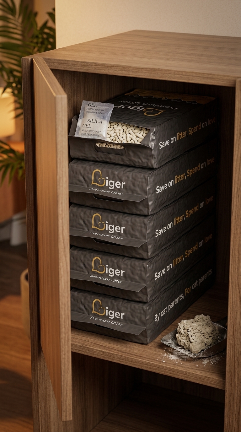 Five Liger packs neatly stored in a wooden cupboard with a silica gel desiccant