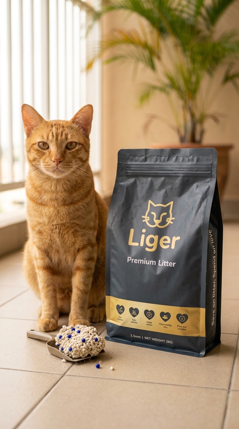 Tiger the orange tabby cat sitting next to a single Liger tofu litter pack