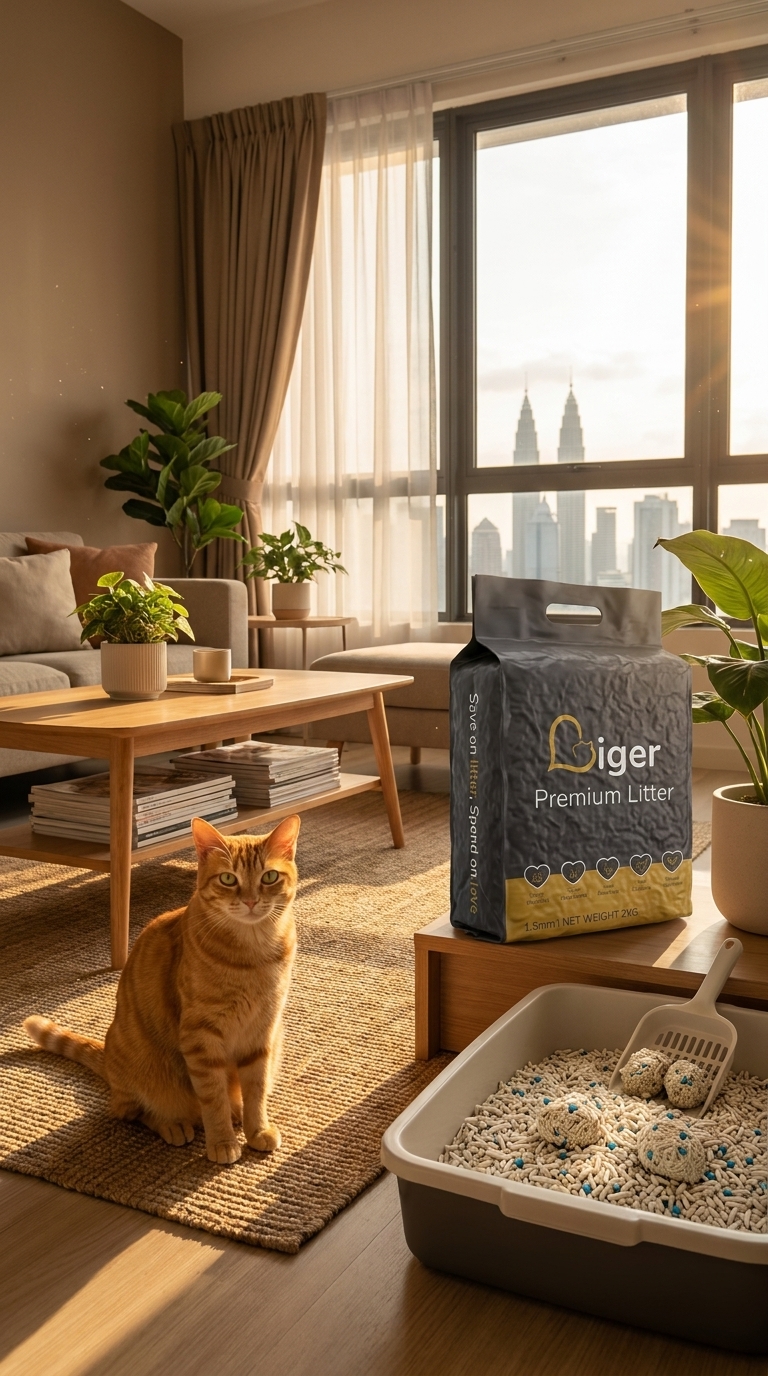 Tiger the orange tabby cat in a Malaysian apartment with Liger pack and litter box setup