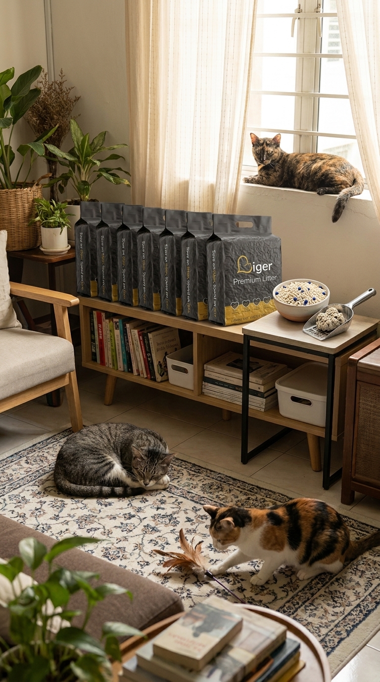 Three Malaysian cats relaxing in a living room with ten Liger packs on a shelf behind them