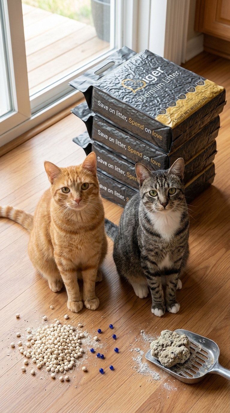 Two Malaysian cats sitting in front of five stacked Liger litter packs