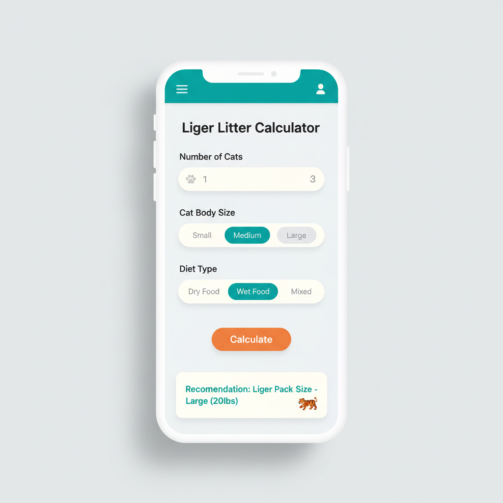 Smartphone screen showing a Liger litter calculator with cat count and result