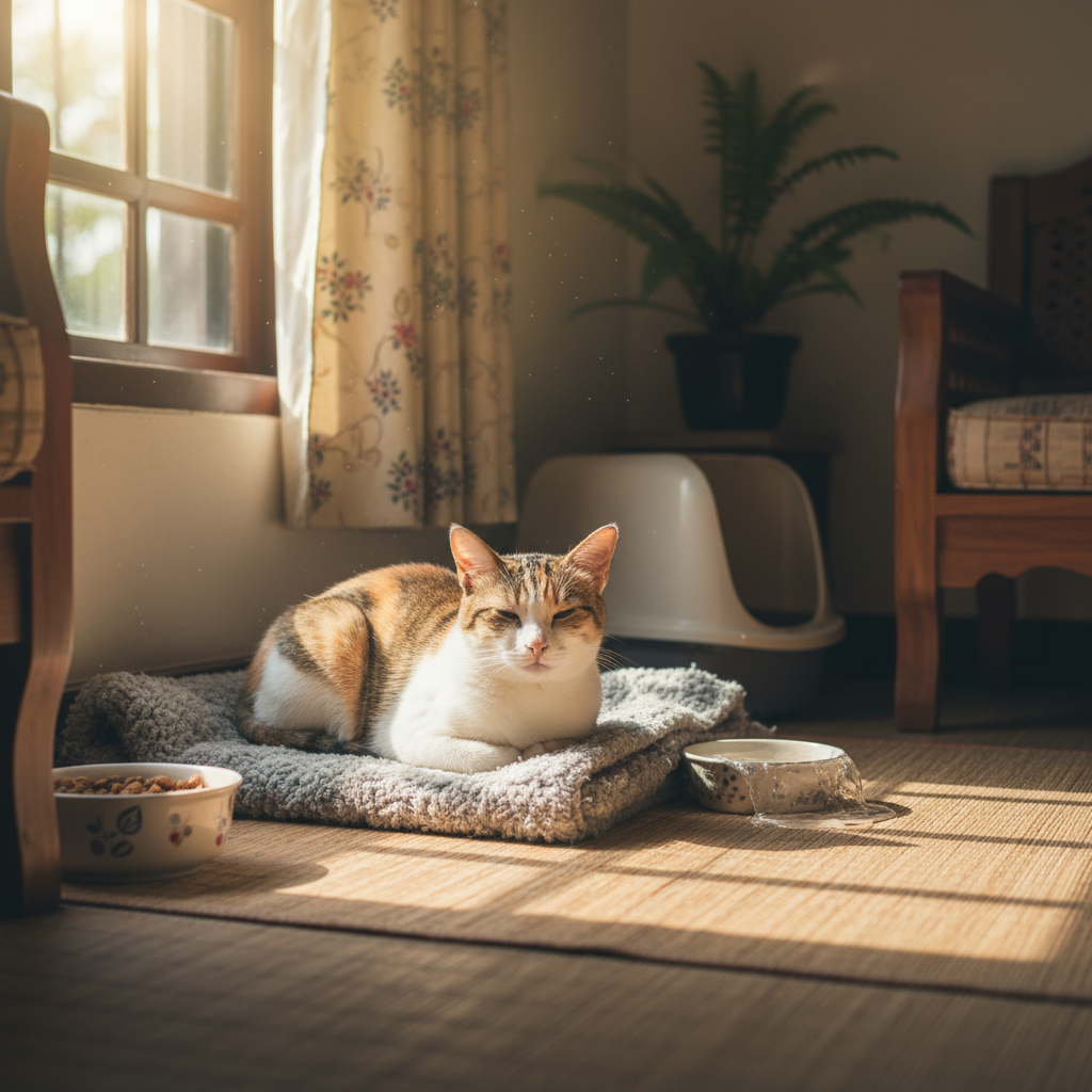 A settled stray tabby cat in a quiet room with a litter box in the background