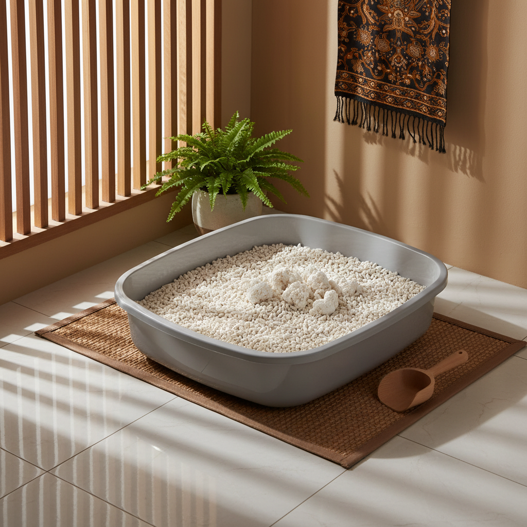 A large open litter box with soft tofu litter set up in a quiet home corner