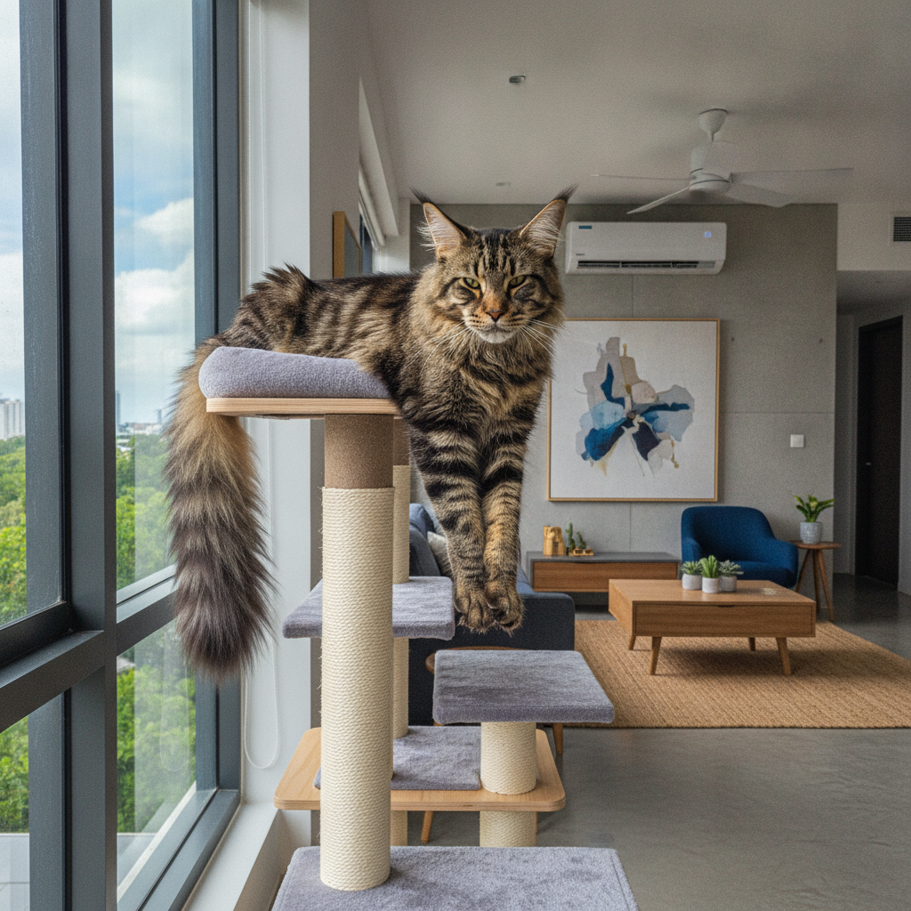 A large Maine Coon cat with tufted ears resting on a cat tree in a cool Malaysian apartment
