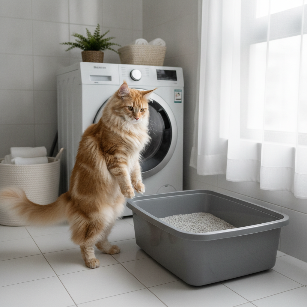 A large Maine Coon next to a spacious litter box, showing a big cat needs more litter