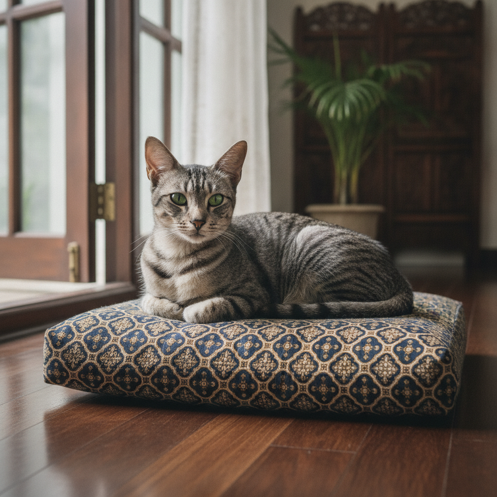 Seekor kucing yang anggun berehat dengan penuh kemuliaan di atas bantal bercorak