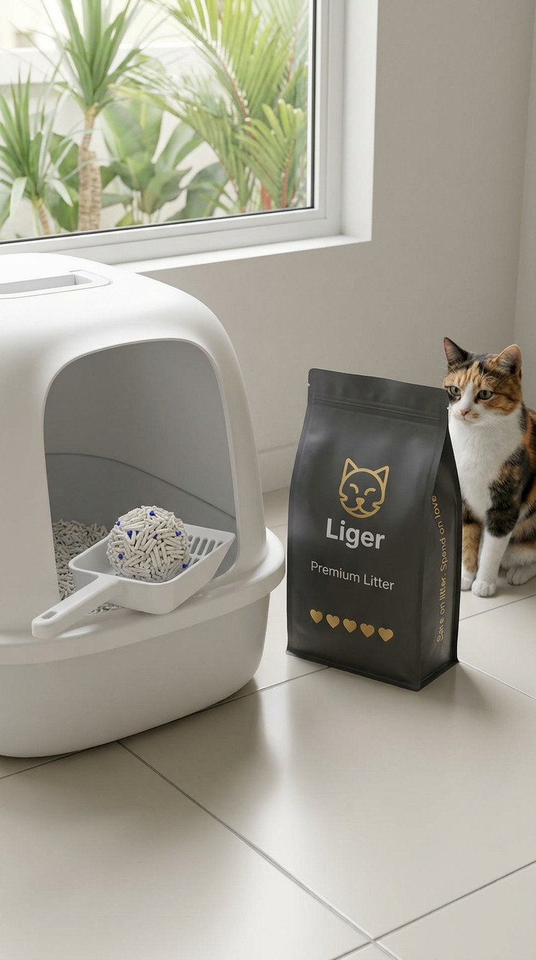 Kawasan kotak najis yang kemas dengan sebeg Liger tofu cat litter di sebelahnya