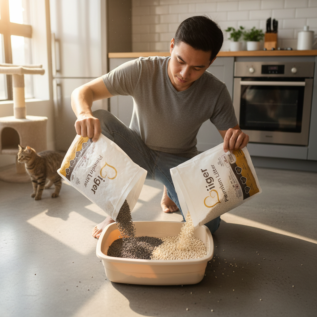 Ibu bapa kucing mencampurkan tofu dan bentonit ke dalam bekas yang sama