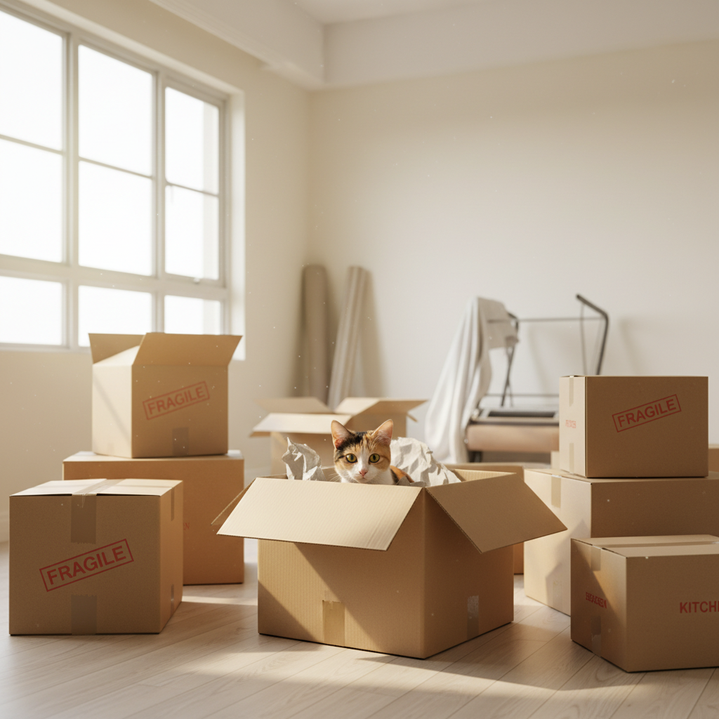 A cautious cat peeking out of a cardboard moving box among packed boxes on moving day