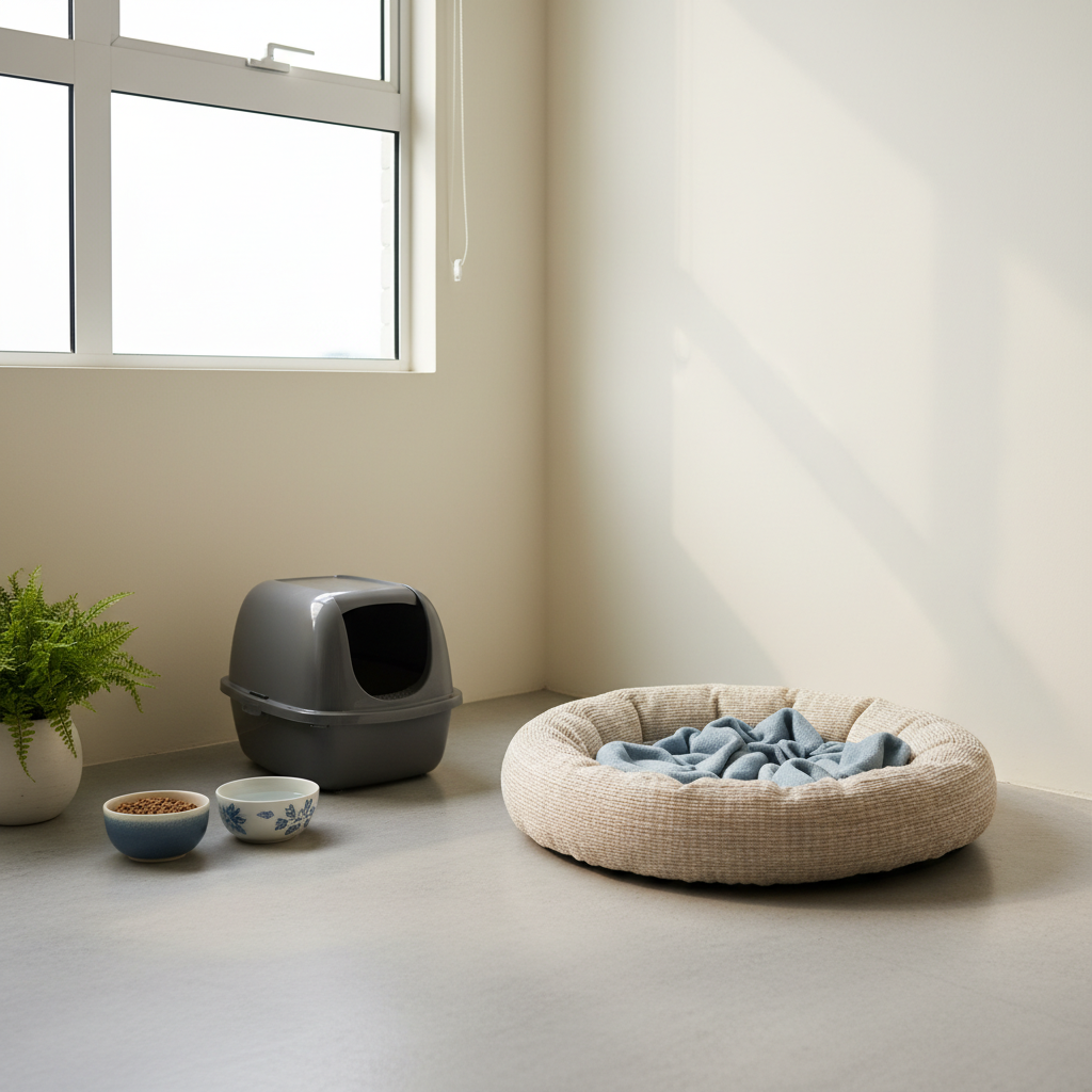 A cat safe room set up in a new home with litter box, bowls and a familiar bed