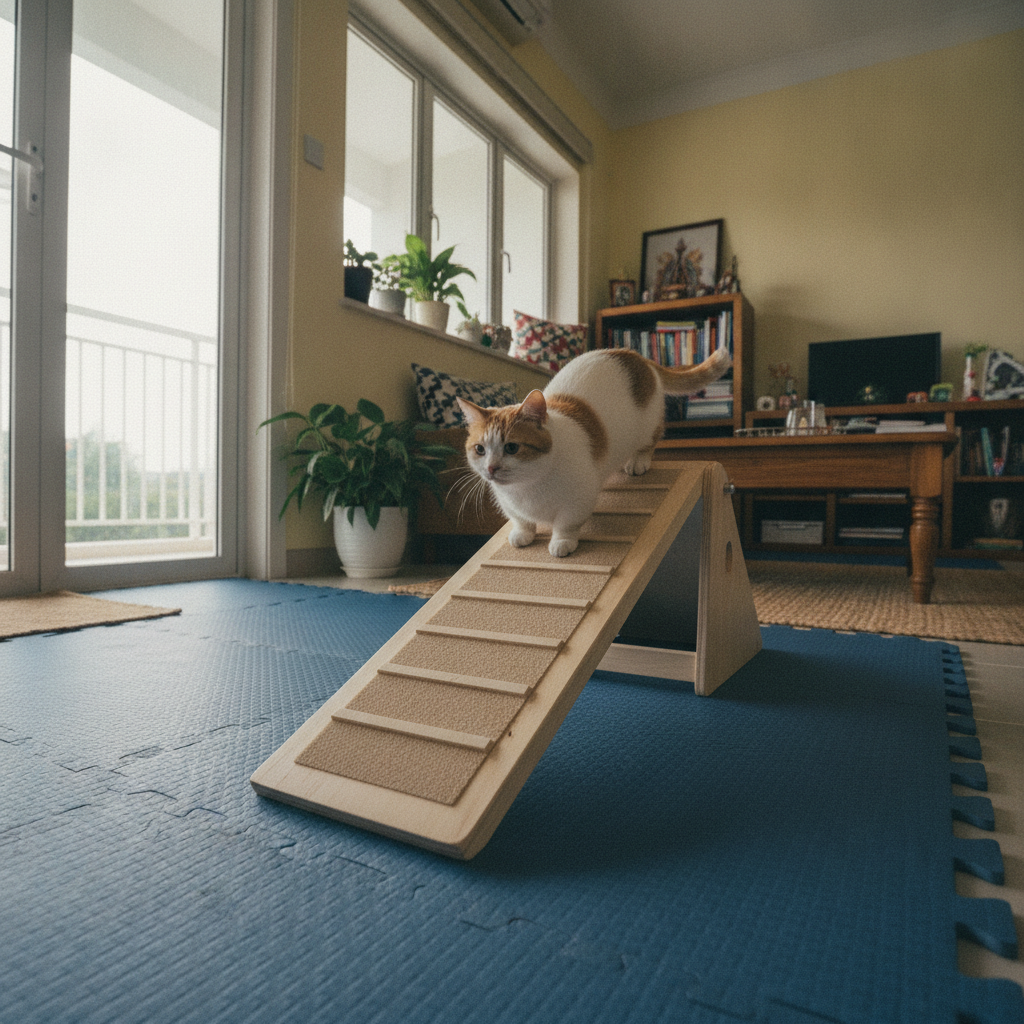 A Munchkin cat using a ramp to reach a windowsill in an accessible Malaysian home
