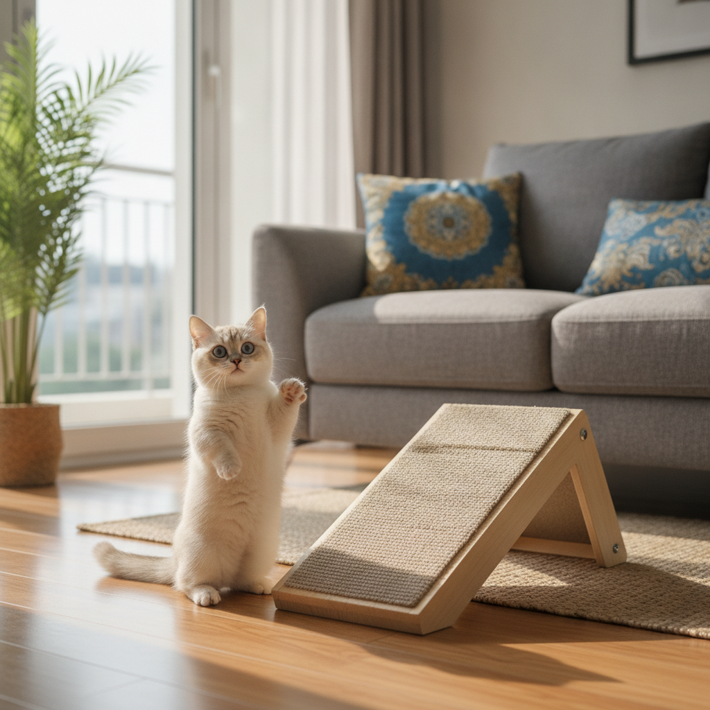 A short-legged Munchkin cat next to a low ramp in a Malaysian apartment