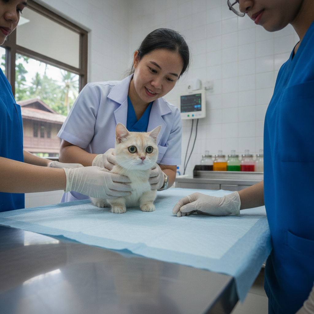 A vet checking a Munchkin cat's spine and joints during a health check