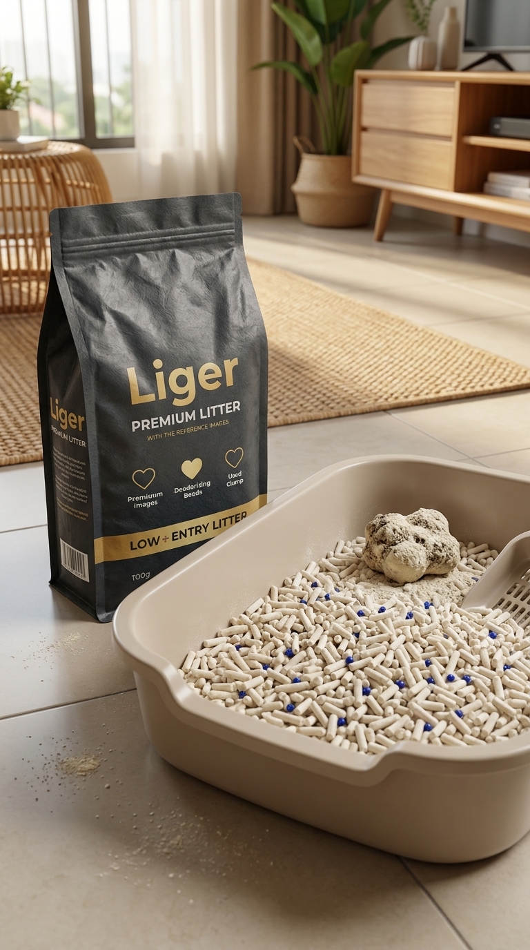 Liger tofu cat litter beside a low-entry litter box suited to a short-legged Munchkin