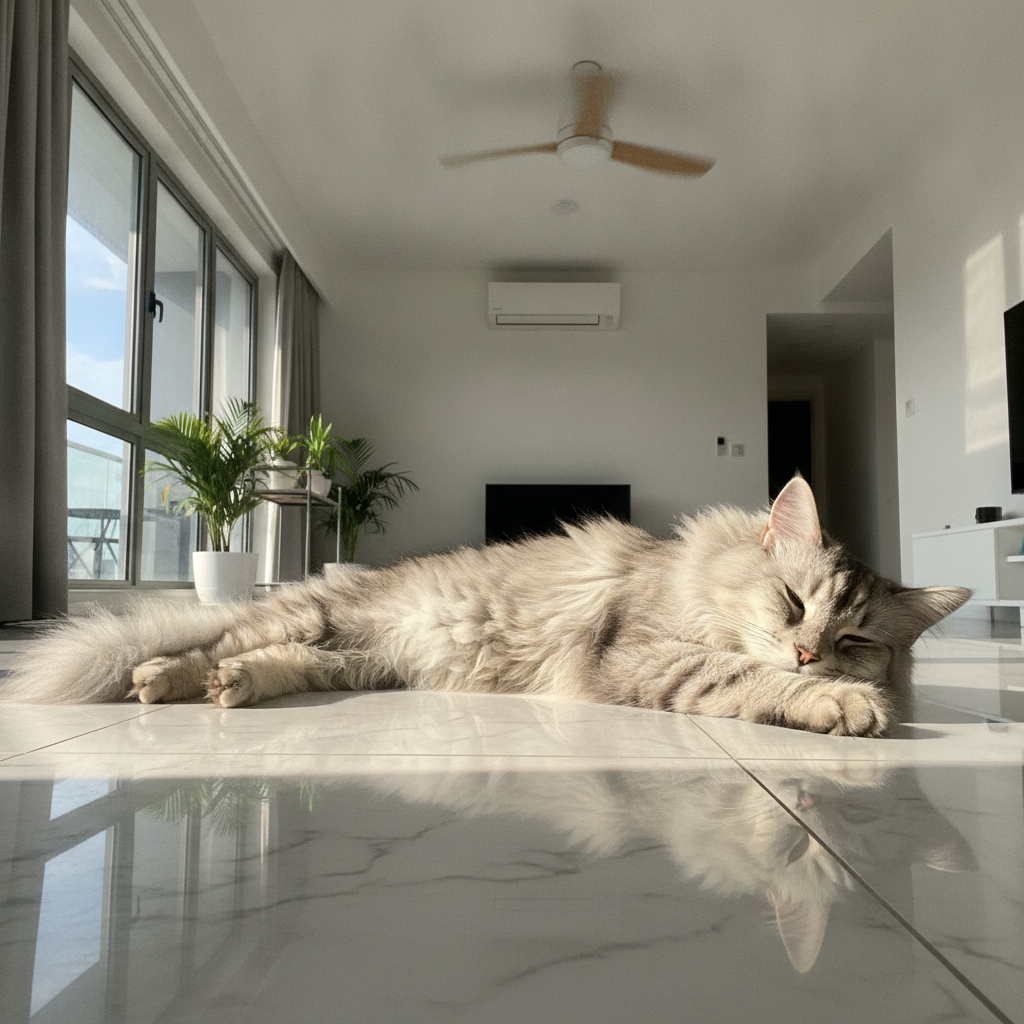 一只挪威森林猫在马来西亚公寓的大理石地板上纳凉降温