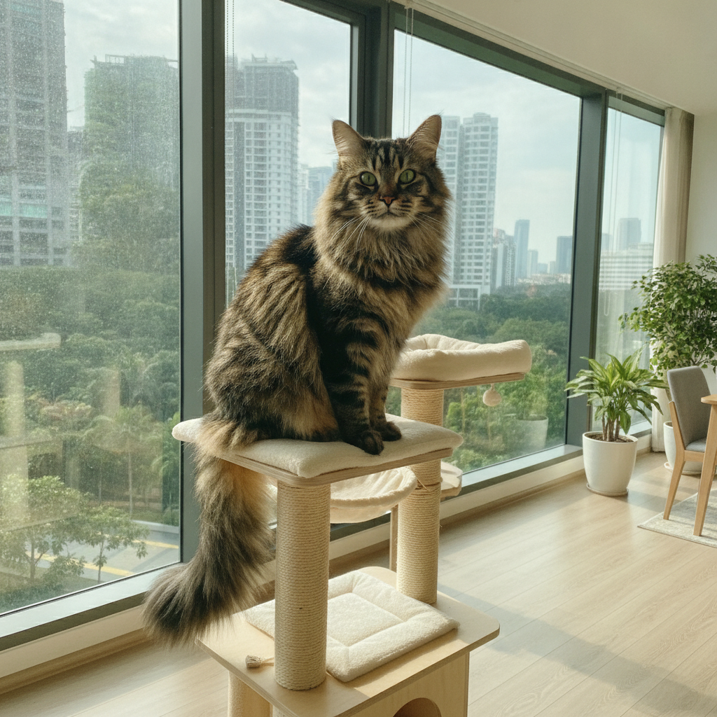 一只气势磅礴的挪威森林猫,拥有浓密双层被毛,端坐于明亮的马来西亚公寓中
