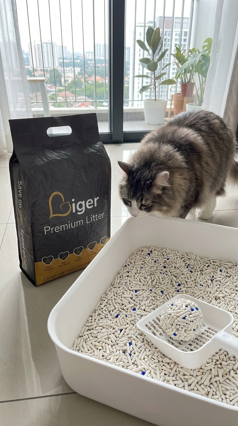 Liger Premium豆腐猫砂摆放在干净猫砂盆旁,一旁有一只挪威森林猫