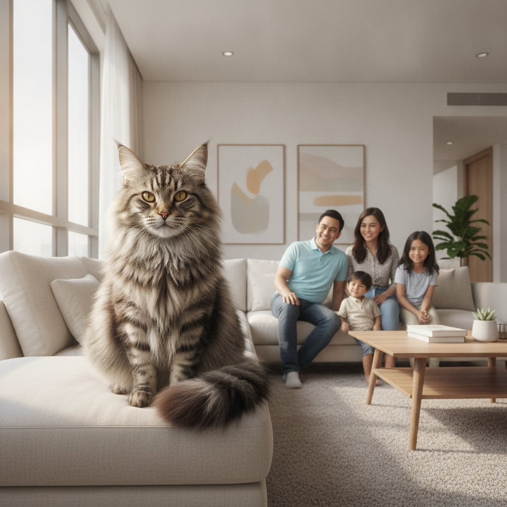 一只沉稳的挪威森林猫与马来西亚家庭同坐在沙发上