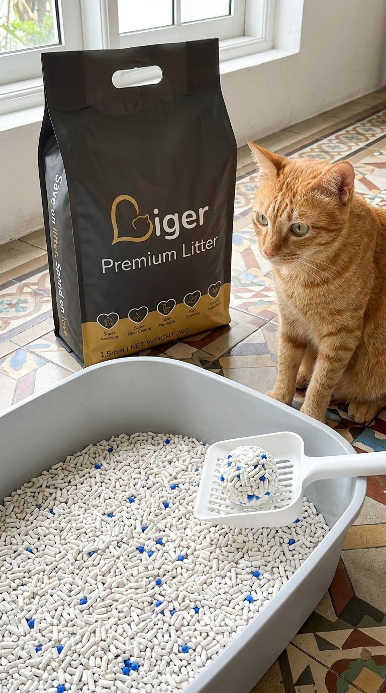 Beg Liger Premium Tofu Cat Litter di sebelah kotak pasir bersih dengan seekor kucing oren berdekatan