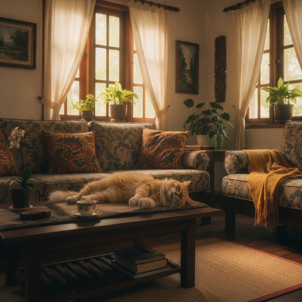 Seekor kucing oren yang selesa berehat di atas sofa