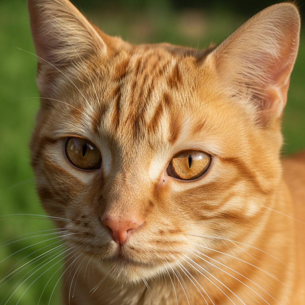 Gambar jarak dekat kucing tabby oren menunjukkan tanda M di dahi dan jalur-jalurnya