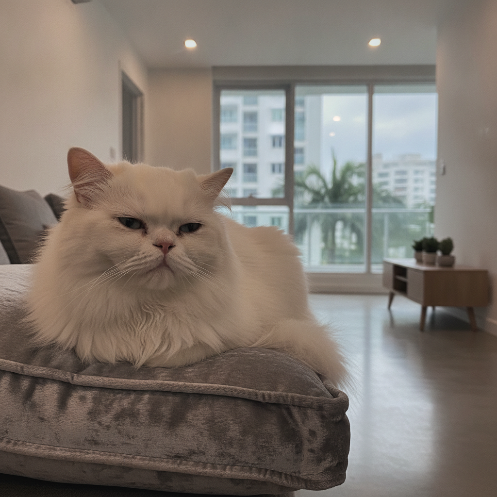 A well-groomed long-haired Persian cat resting indoors in a cool Malaysian apartment