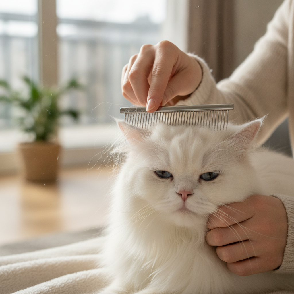 Daily brushing of a long-haired Persian cat's coat to prevent matting